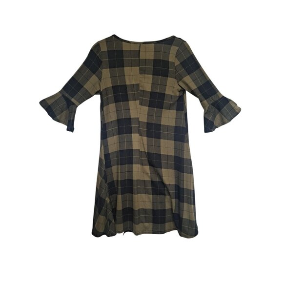 French Atmosphere Plaid Bell Sleeve Dress Womens L Black/Tan Checkered A Line - Picture 3 of 5